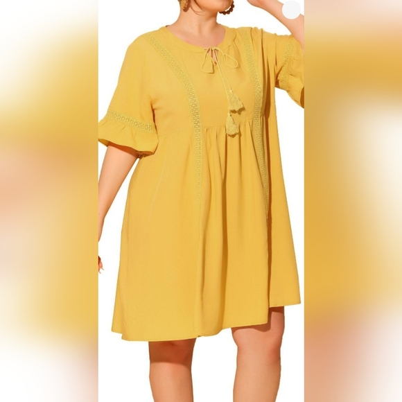 Yellow Midi Dress with Tassel Detail, Cottagecore, Boho, babydoll 2x Lightweight - Picture 2 of 8